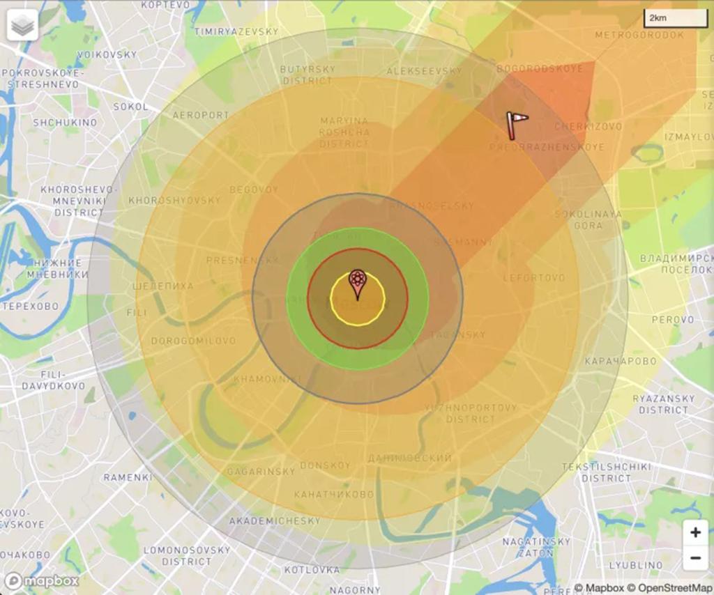 A map shows multicolor rings depicting graduated levels of destruction that a potential blast over Moscow might render.