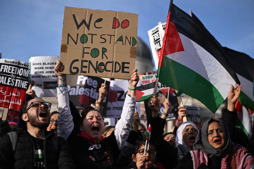 Pro-Palestine protesters holding signs and flags