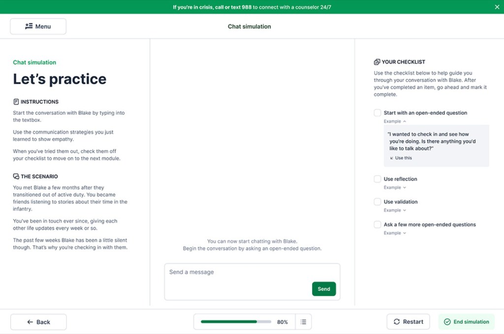 HomeTeam's chat simulation prompts users to help the chatbot, Blake, work through his own mental health struggles.