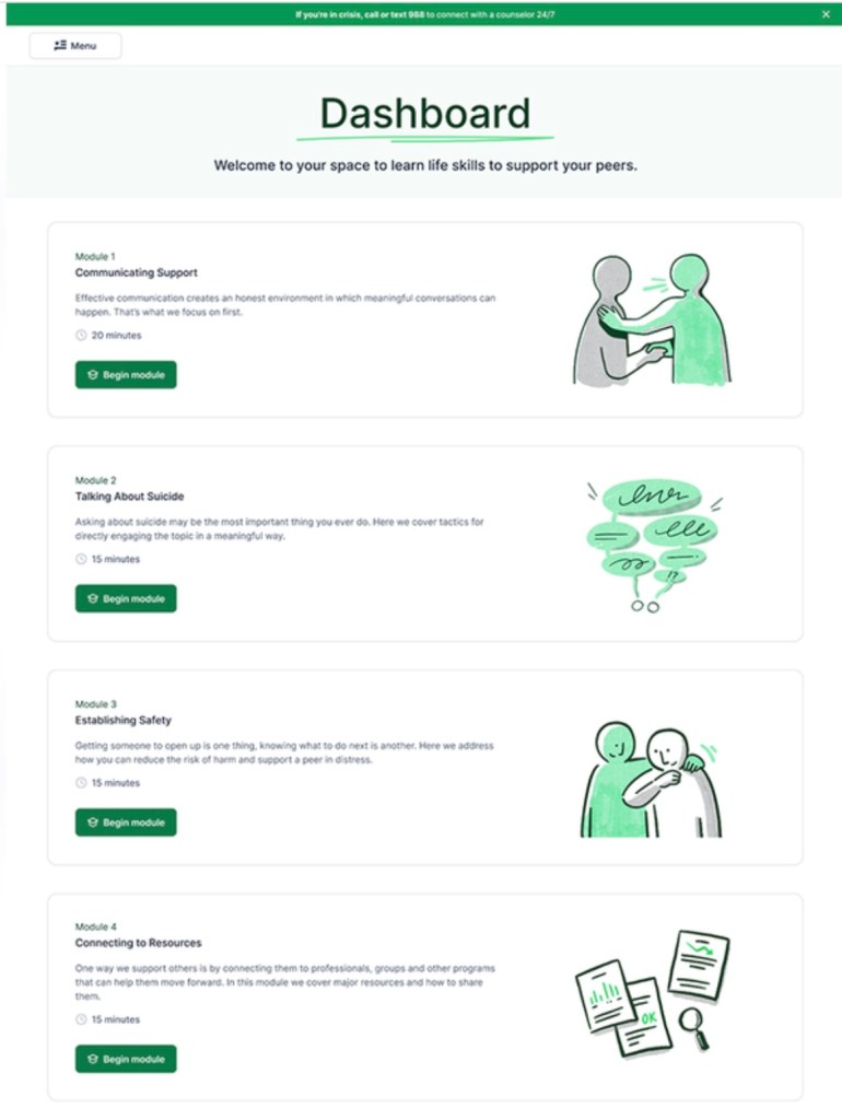 HomeTeam's Dashboard shows the training modules, which are broken up into sub-units for veterans who may have difficulty focusing.