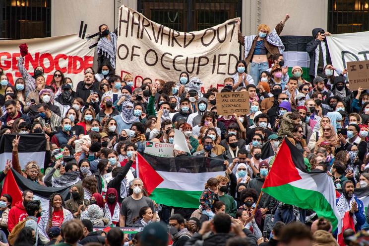 Supporters of Palestine gather at Harvard University to show their support for Palestinians in Gaza at a rally in Cambridge, Massachusetts, on October 14, 2023