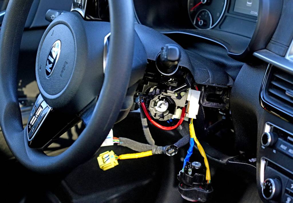 A photo of a damaged steering column caused by thieves is shown, as law enforcement agencies continue to warn Kia and Hyundai owners to be protective of their cars.