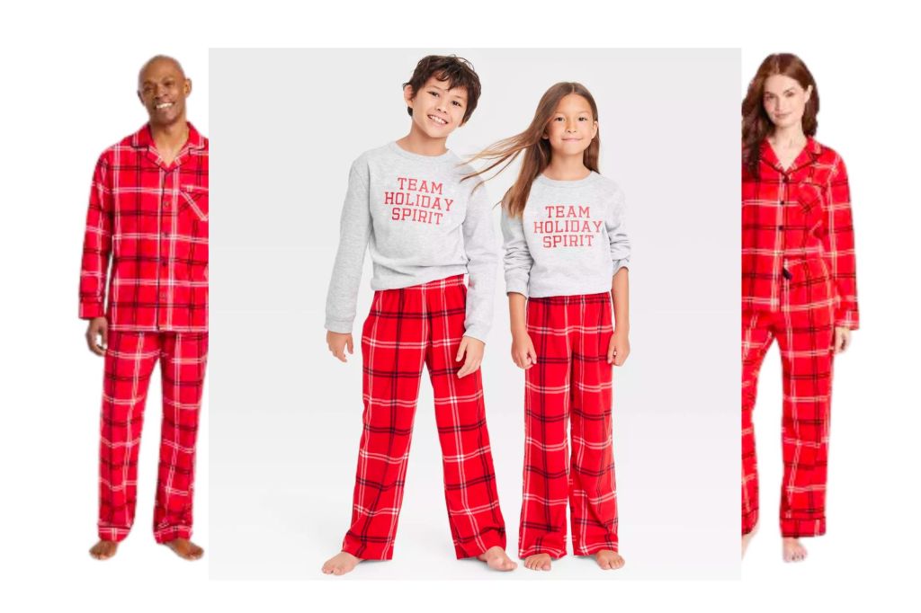 A family in matching plaid pajamas