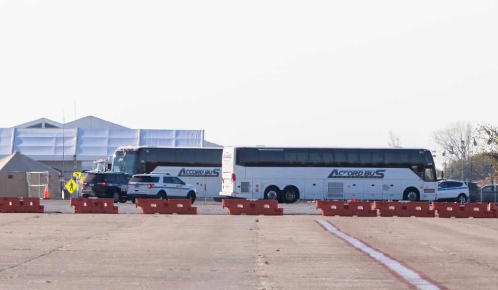 Charter Buses Are Seen At The Migrant Shelter At Floyd Bennett Field On Wednesday Morning