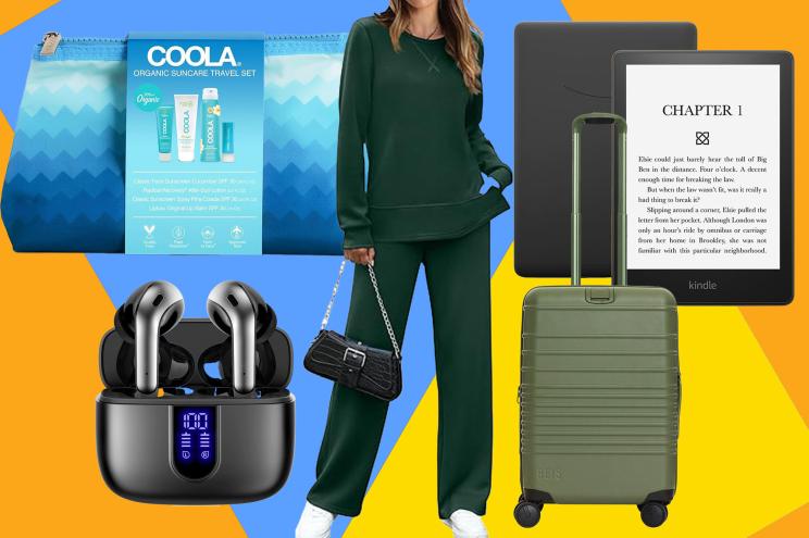 A woman standing next to a luggage case