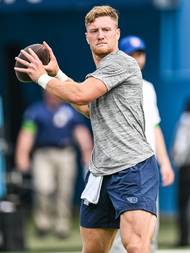 Will Levis warms up before a Titans game in October 2023.