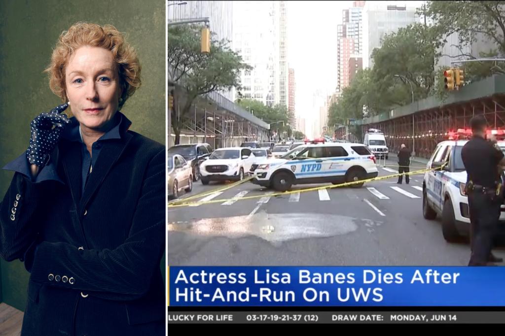 Lisa Banes portrait and crime scene of the hit-and-run that killed her. 