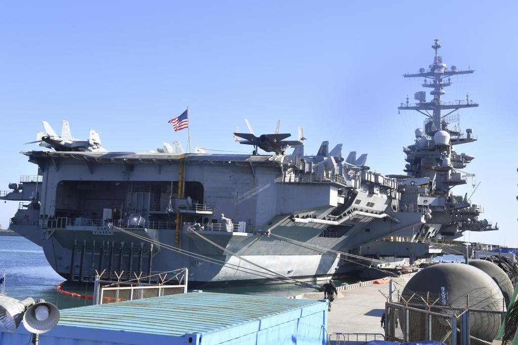 The nuclear-powered aircraft carrier USS Carl Vinson docks at a port in the southeastern port city of Busan, South Korea, on Nov. 22, 2023.