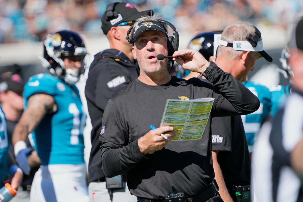 Jacksonville Jaguars head coach Doug Pederson looks up during the second half of an NFL football game against the Indianapolis Colts, Sunday, Oct. 15, 2023, in Jacksonville, Fla.