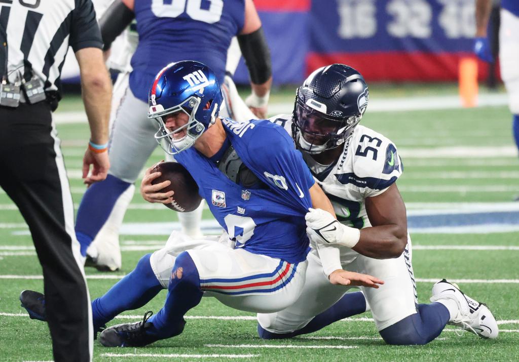 Daniel Jones is sacked during a loss to the Seahawks this season.