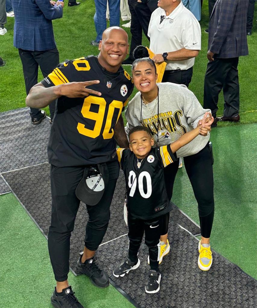 Ryan Shazier and his wife Michelle with their son at the Steelers-Browns game on Sept. 18, 2023.