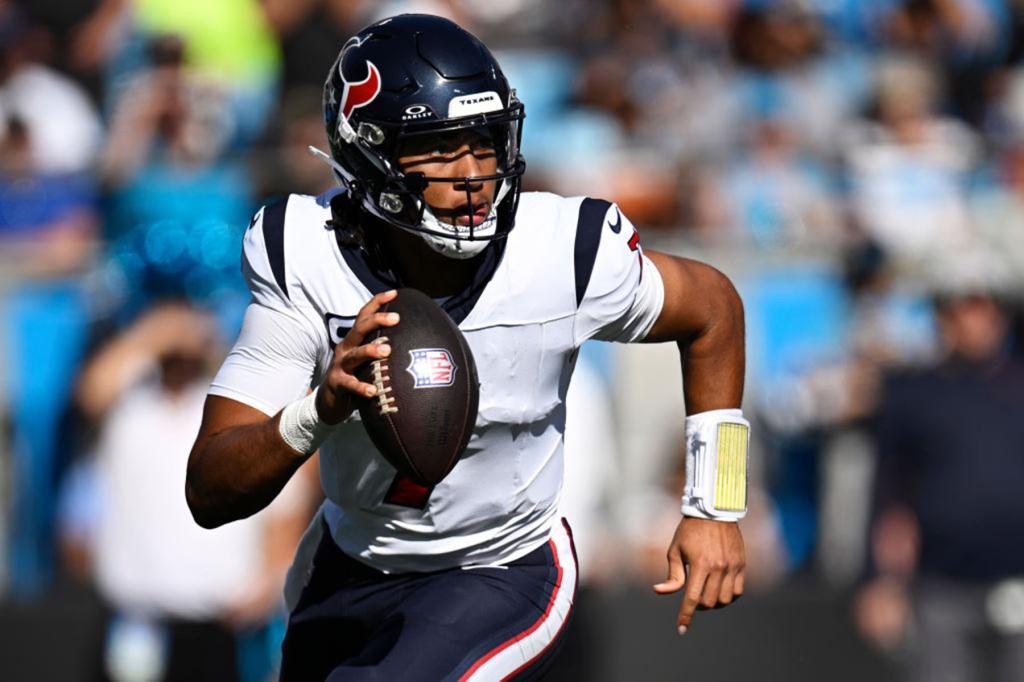 C.J. Stroud #7 of the Houston Texans looks for a pass against the Carolina Panthers in the third quarter at Bank of America Stadium on October 29, 2023 in Charlotte, North Carolina. 