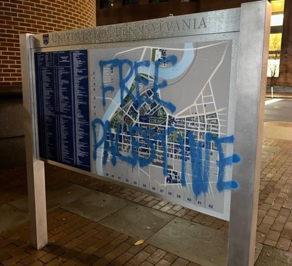 A map on campus was destroyed with graffiti over it reading, "Free Palestine."