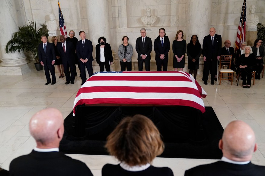 Chief Justice of the United States John Roberts, Justice Clarence Thomas, Justice Samuel Alito, Justice Sonia Sotomayor Justice Elena Kagan, Justice Neil Gorsuch, Justice Brett Kavanaugh, Justice Amy Coney Barrett, Justice Ketanji Brown Jackson and retired Justice Anthony Kennedy, stand as the flag-draped casket of retired Supreme Court Justice Sandra Day O'Connor arrives at the Supreme Court in Washington, DC, on Dec. 18, 2023.