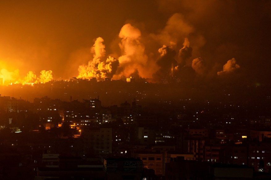 Fire and smoke rise following an Israeli airstrike in Gaza City, on Oct. 8, 2023, the day after Hamas militants from Gaza carried out a cross-border massacre in Israel.