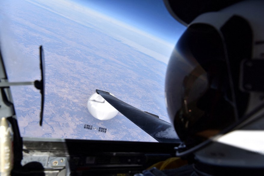 A US Air Force U-2 pilot looks down at the suspected Chinese surveillance balloon as it hovers over the central continental US on Feb. 3, 2023. The balloon was shot down by the Air Force off the coast of South Carolina.