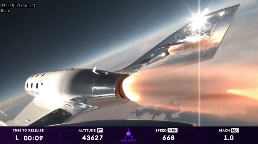 The launch of Virgin Galactic's private astronaut mission Galactic 02, at Spaceport America in Truth or Consequences, New Mexico. Three passengers gained tickets to participate in Galactic's private astronaut mission in a sweepstakes on Aug. 10, 2023.