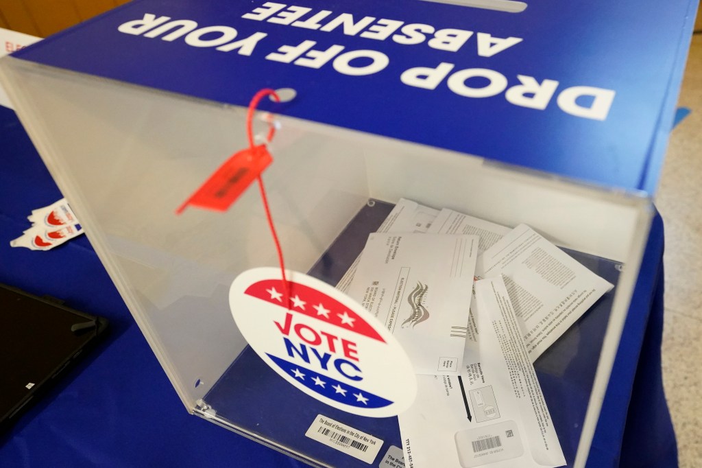 Absentee ballots sit inside a sealed ballot box during early voting in the primary election, June 14, 2023, in the SoHo neighborhood of New York