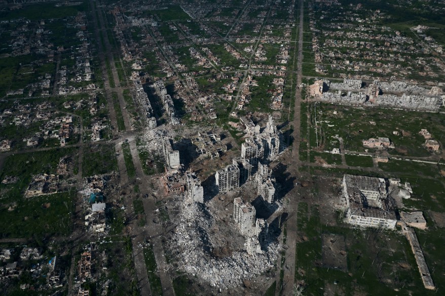 An aerial view of Bakhmut, the site of the heaviest battles with Russian troops in the Donetsk region, Ukraine, Thursday, June 22, 2023.