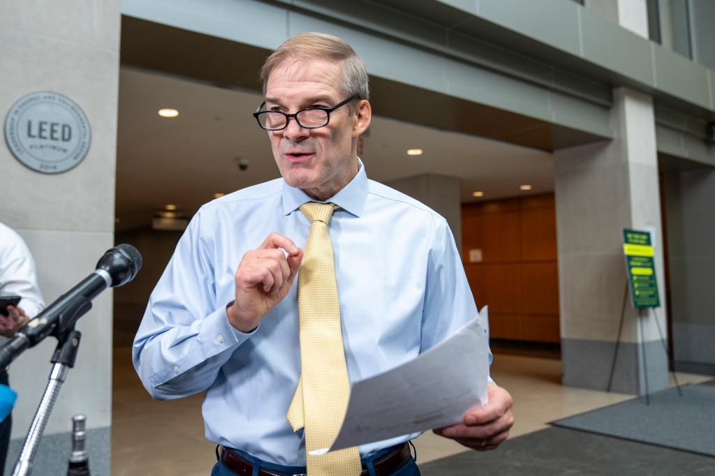 Rep. Jim Jordan, R-Ohio, speaks with reporters after hearing from U.S. Attorney David Weiss in a transcribed interview before members of the House Judiciary Committee, Tuesday, Nov. 7, 2023, in Washington.