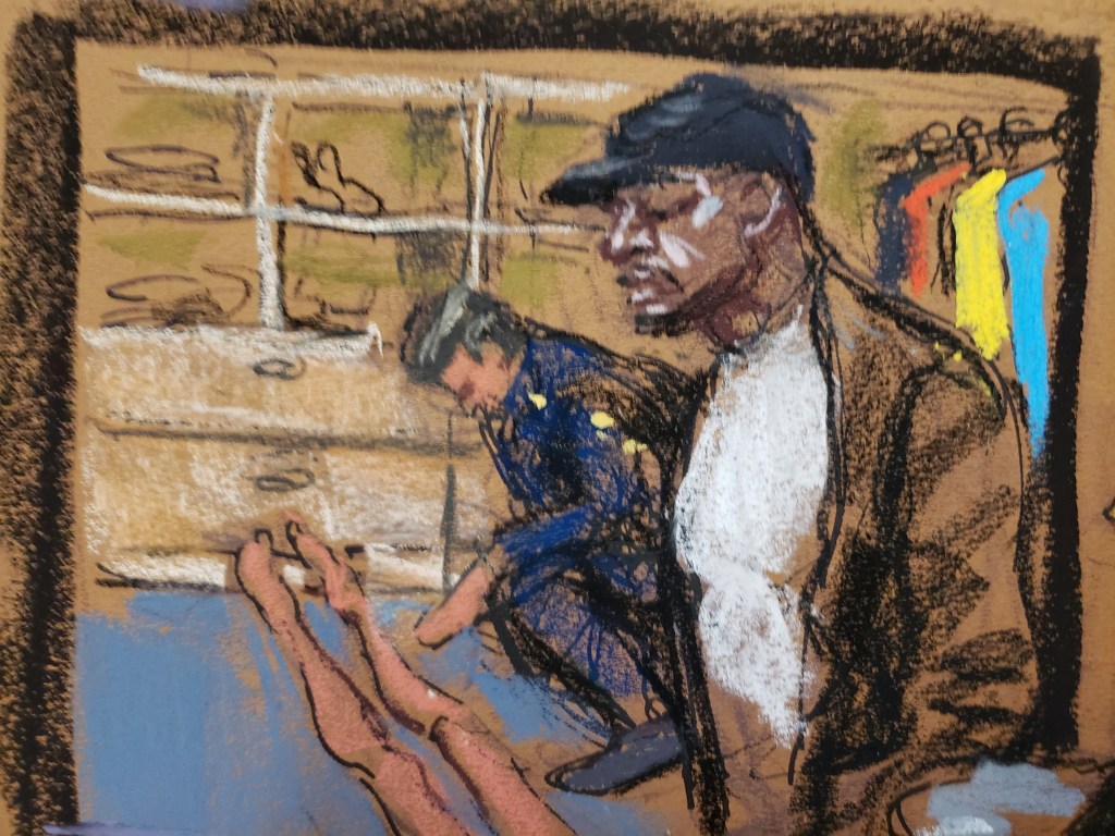 Jane Rosenberg Court Sketches of Jonathan Majors trial. Friday, December 8, 2023. Officer Swain with body cam video of Grace Jabbari found on floor of walk in closet (lead there by Jonathan Majors)