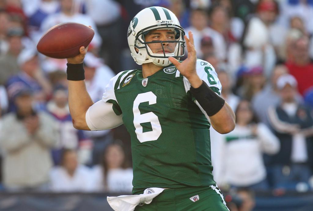 Mark Sanchez #6 of the New York Jets throws a pass during NFL game action against the Buffalo Bills at Ralph Wilson Stadium on November 6, 2011 in Orchard Park, New York. 