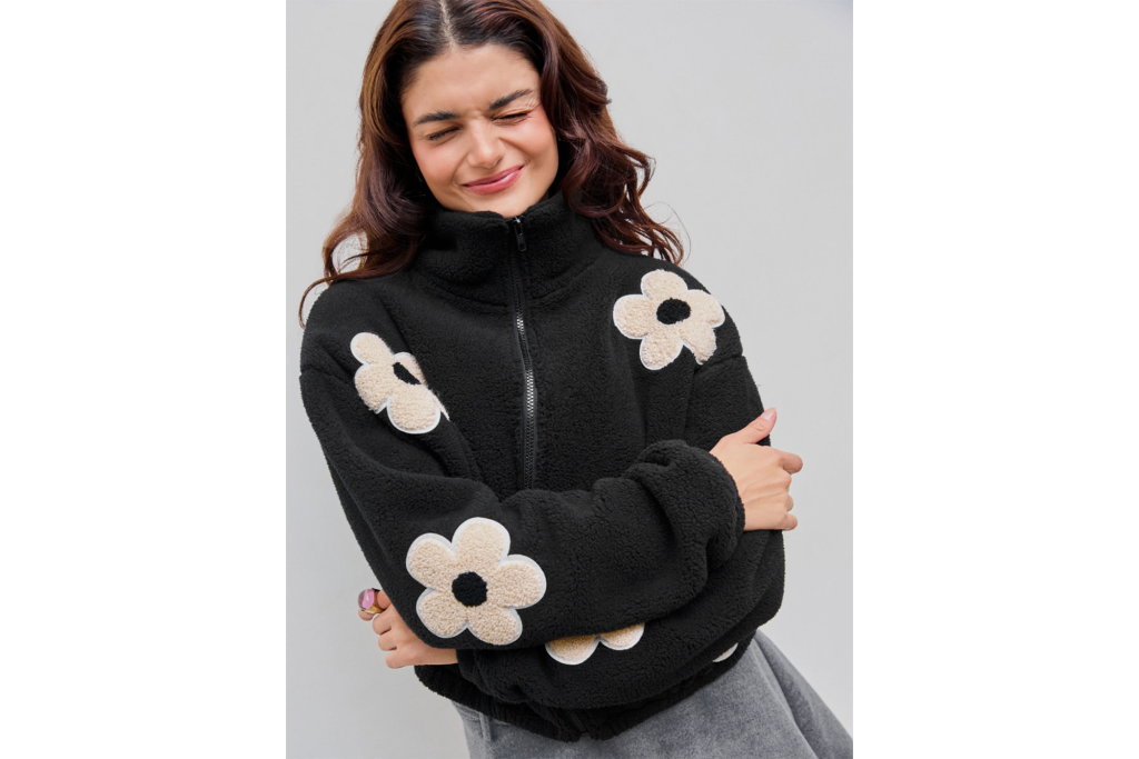 Cider Fleece Stand Neck Flower Pattern Zipper Jacket