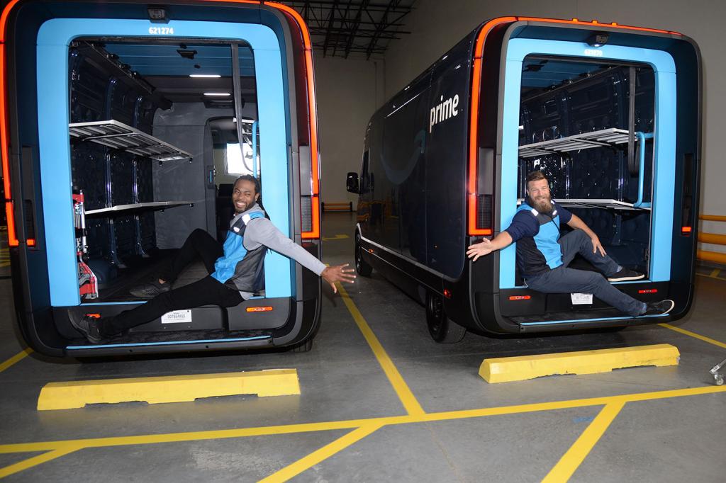 Richard Sherman and Ryan Fitzpatrick team up to surprise customers in one of Amazon's 10,000 custom electric delivery vans from Rivian in Edison, New Jersey. 