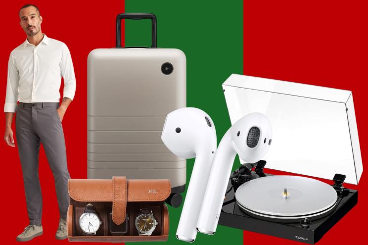 A man in dress clothes, a piece of luggage, a watch roll and other products on a holiday background.