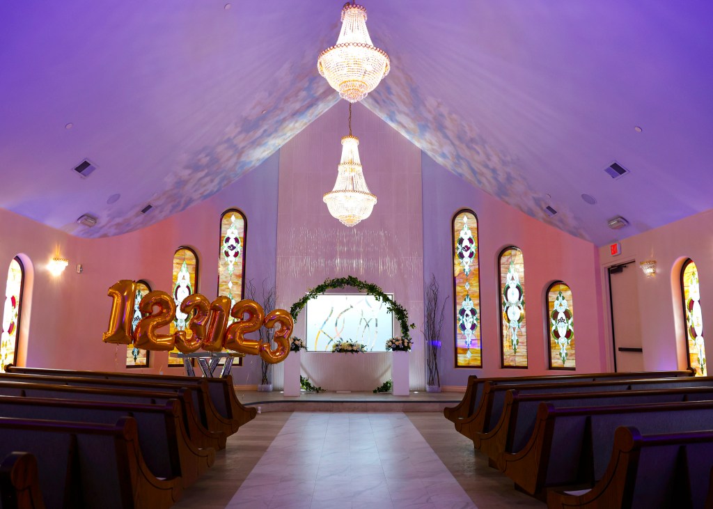 Decorations adorn The Wedding Chapel at Vegas Weddings on Dec. 19, 2023, in Las Vegas. 