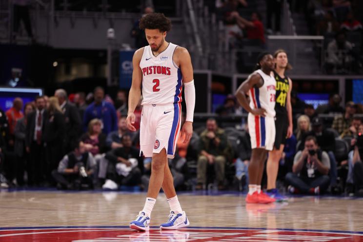 Cade Cunningham #2 of the Detroit Pistons looks on in the fourth quarter on the way to a 119-111 loss to the Utah Jazz.