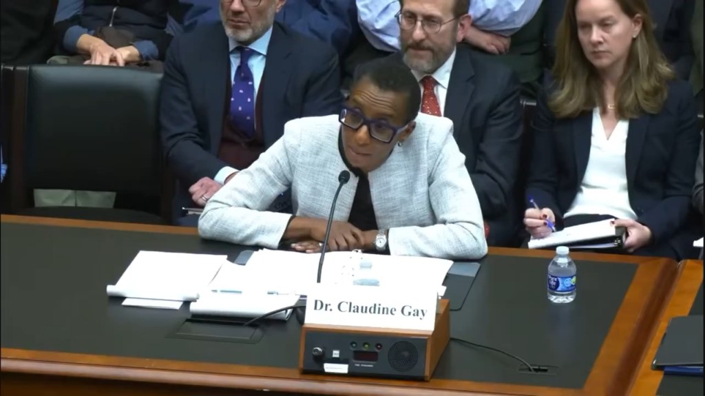 Claudine Gay, president of Harvard, is pictured at the Congressional hearing.