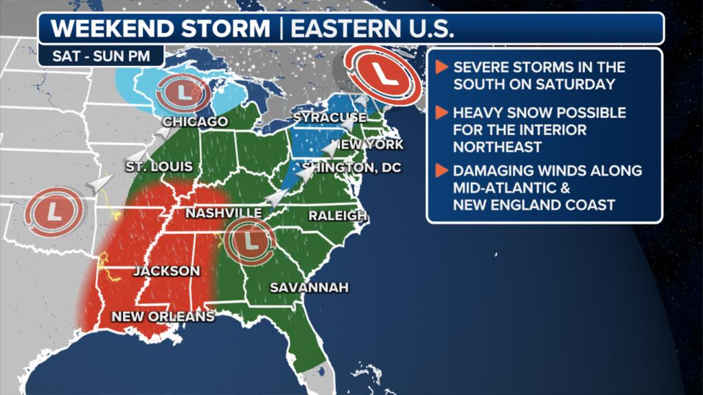 Weather map showing weekend storm set to hit Eastern US.