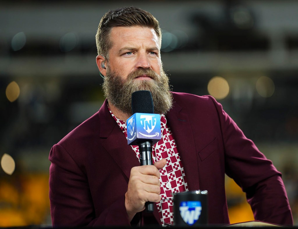 Ryan Fitzpatrick on set of the Amazon Prime "Thursday Night Football" pregame show prior to an NFL football game between the Tennessee Titans and the Pittsburgh Steelers at Acrisure Stadium on November 2, 2023 in Pittsburgh, Pennsylvania. 