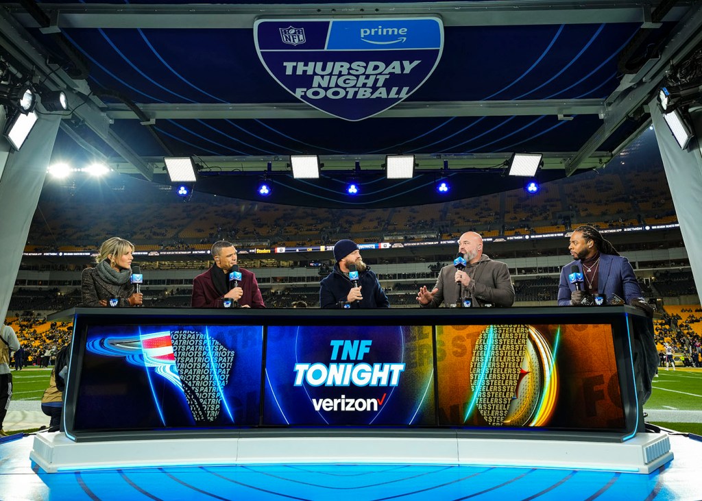 The Amazon Prime "TNF" pregame show prior to an NFL football game between the New England Patriots and the Pittsburgh Steelers at Acrisure Stadium on December 7, 2023 in Pittsburgh, Pennsylvania. 