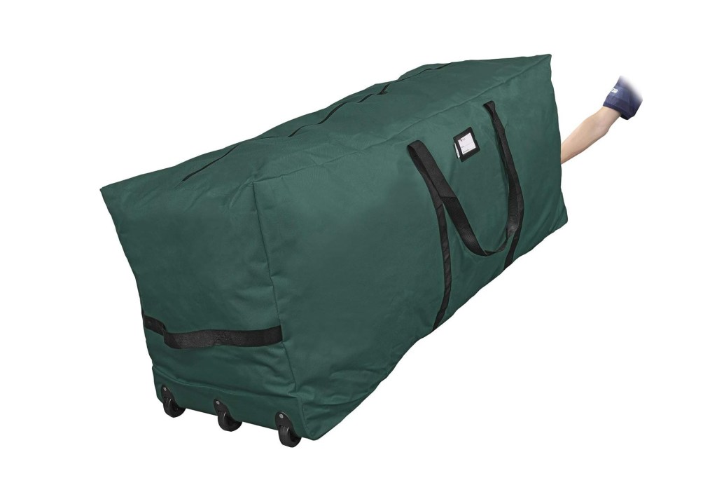 A green bag with wheels