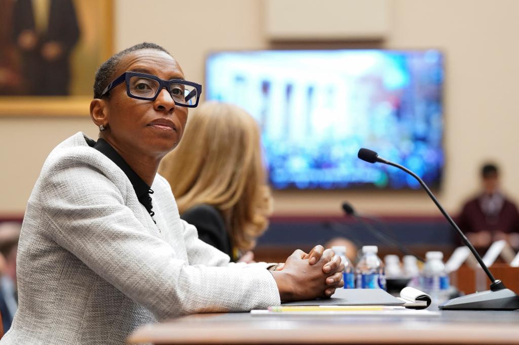 Gay is pictured watching a video being played during  a House Education and The Workforce Committee hearing titled "Holding Campus Leaders Accountable and Confronting Antisemitism" on Capitol Hill in Washington DC on Tuesday.