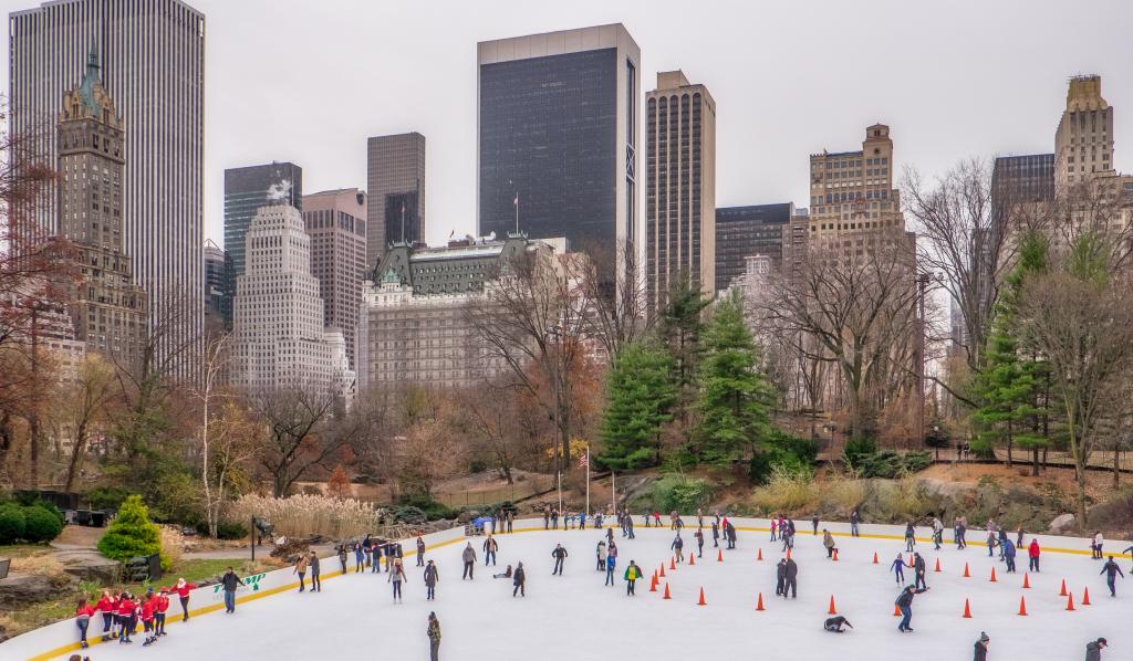 View of the Manhattan skyline from the southern end of Central Park with the Ice Rink in the foreground.