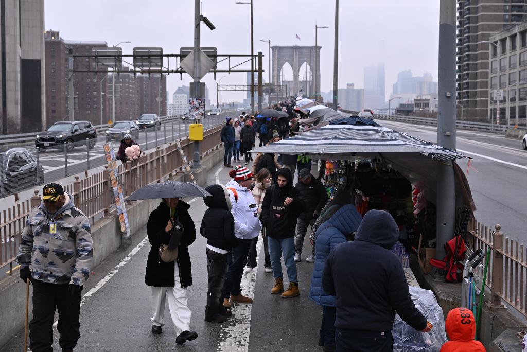 Vendors line up on the Brooklyn Bridge.