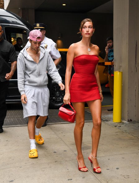 Justin Bieber and Hailey Bieber arrive at Krispy Kreme in Times Square on August 28, 2023 in New York City.