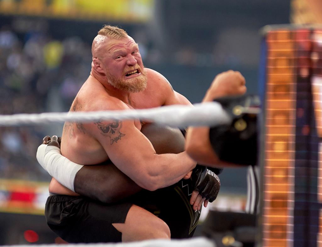 Brock Lesnar wrestles Omos during WrestleMania 39 at SoFi Stadium on April 2, 2023 in Inglewood, California. 