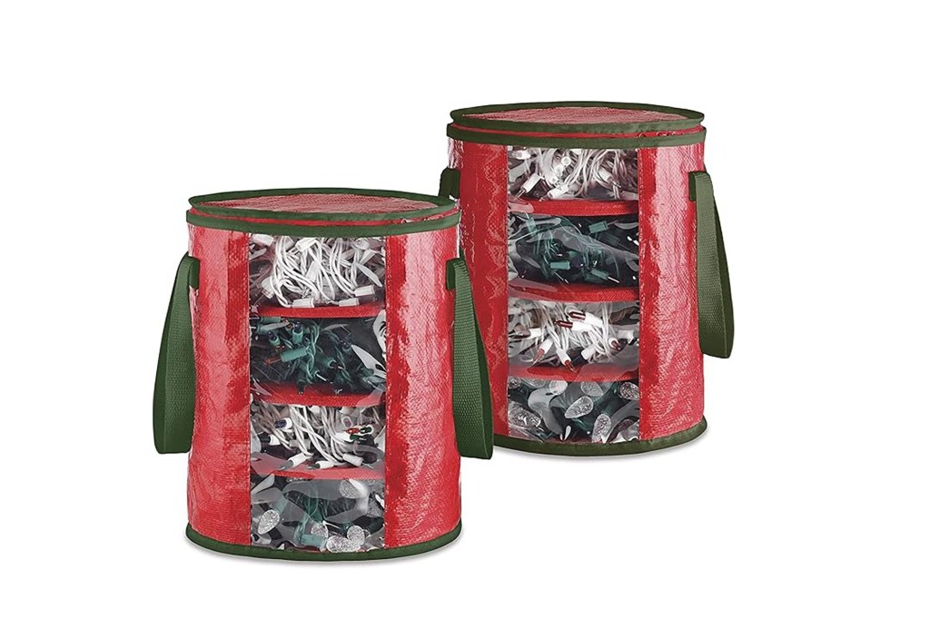 A pair of red and green storage bags