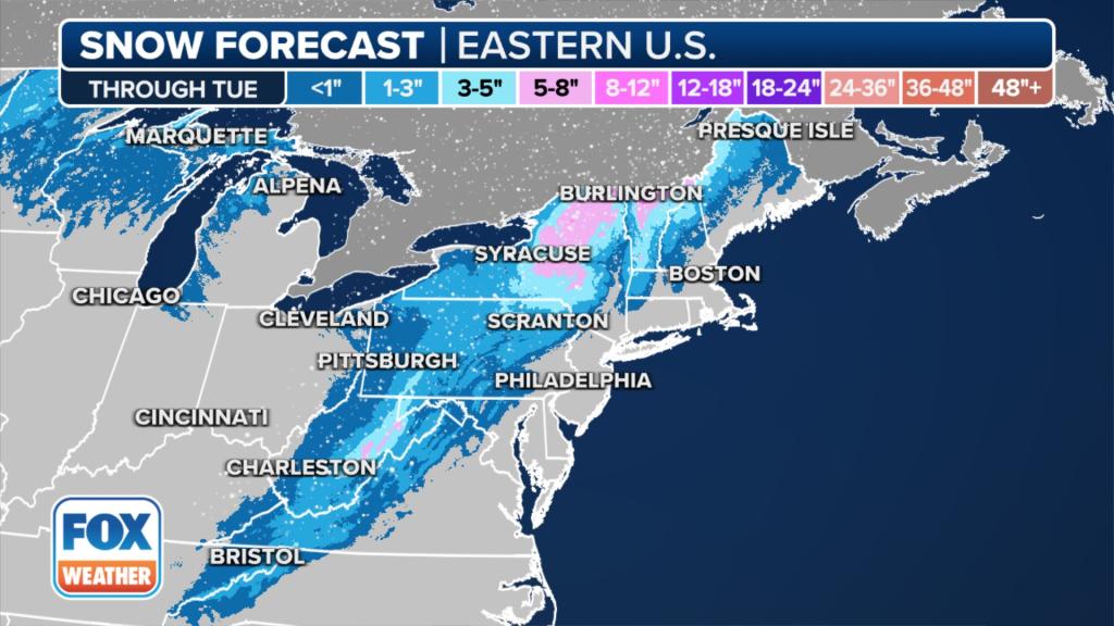 Weather map showing snow forecast for inland Northeast areas.