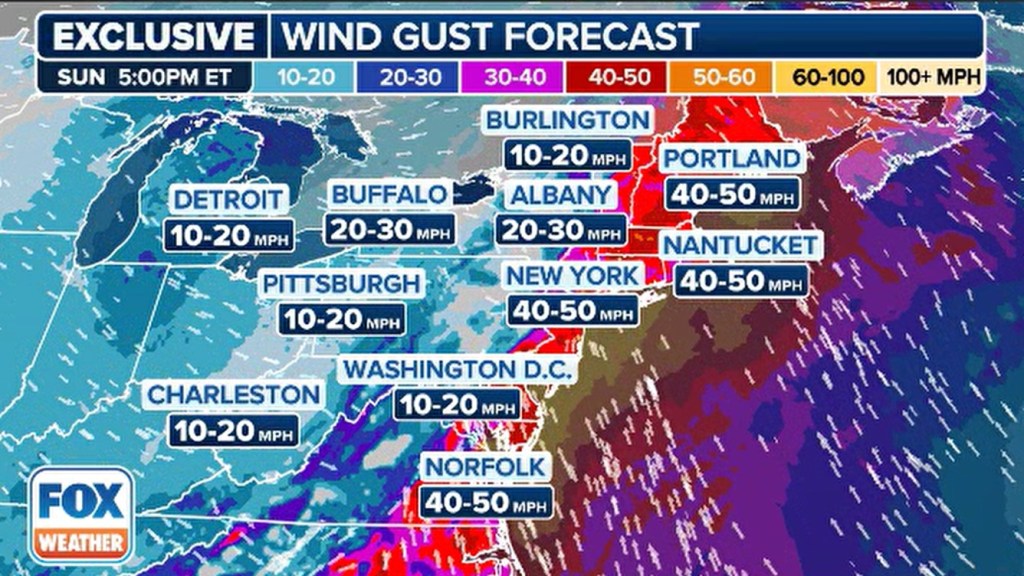 Weather map showing wind gust forecast for Northeast.