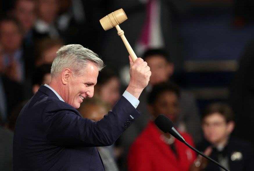 US House Speaker Kevin McCarthy celebrates with the gavel after being elected as speaker in the House Chamber at the US Capitol on Jan. 7. After four days of voting and 15 ballots McCarthy secured enough votes to become Speaker of the House for the 118th Congress, but it wasn't meant to last.