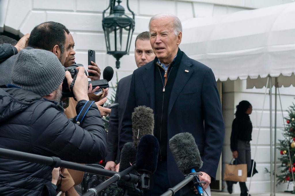 President Joe Biden speaks to members of the media as he leaves the White House to spend the Christmas holiday with his family at Camp David presidential retreat, near Thurmont, Md., Saturday, Dec. 23, 2023