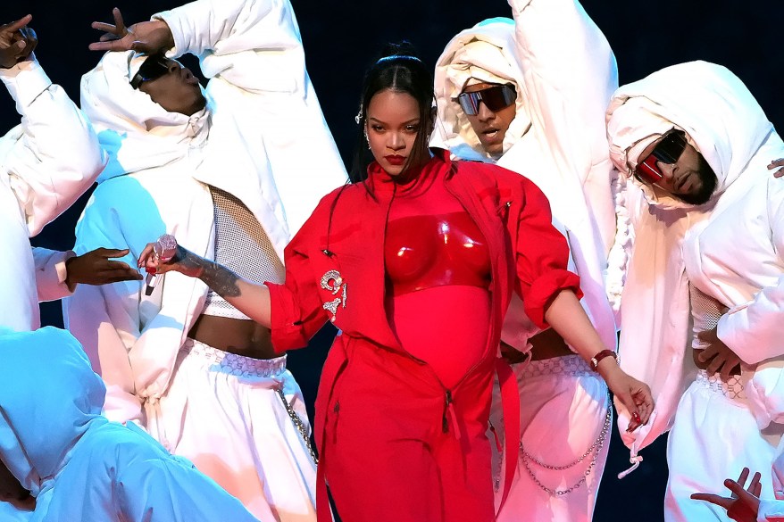 Rihanna reveals her pregnancy as she performs during the Super Bowl LVII Halftime Show at State Farm Stadium on Feb. 12, 2023 in Glendale, Arizona.