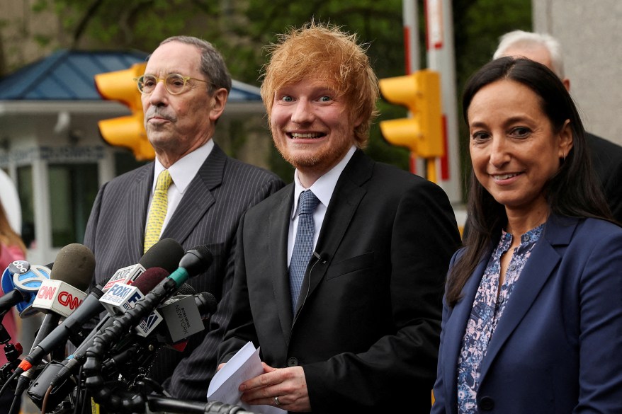 Singer Ed Sheeran reacts as he speaks to the media after winning his copyright infringement lawsuit at Manhattan federal court, in New York City on May 4, 2023.