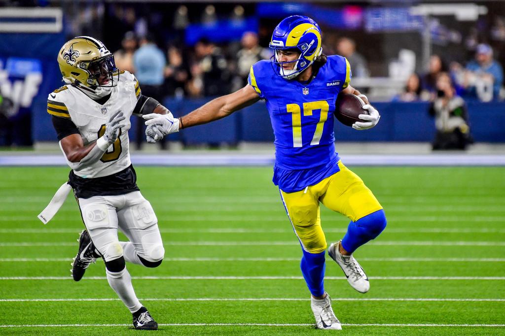 Los Angeles Rams wide receiver Puka Nacua (17) runs with the ball, as New Orleans Saints safety Ugo Amadi (0) chases in action in the fourth quarter during the NFL football game against the New Orleans Saints.