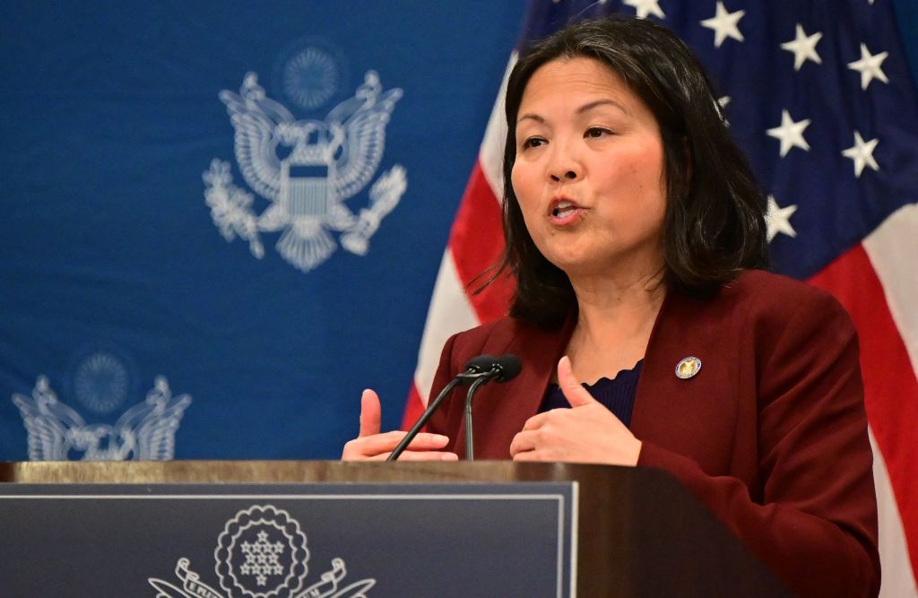 US Deputy Secretary of Labour Julie Su speaks during the rollout of the Presidential Memorandum on Advancing Worker Empowerment, Rights, and High Labor Standards Globally, during the Asia-Pacific Economic Cooperation (APEC) Leaders' Week in San Francisco, California, on November 16, 2023.